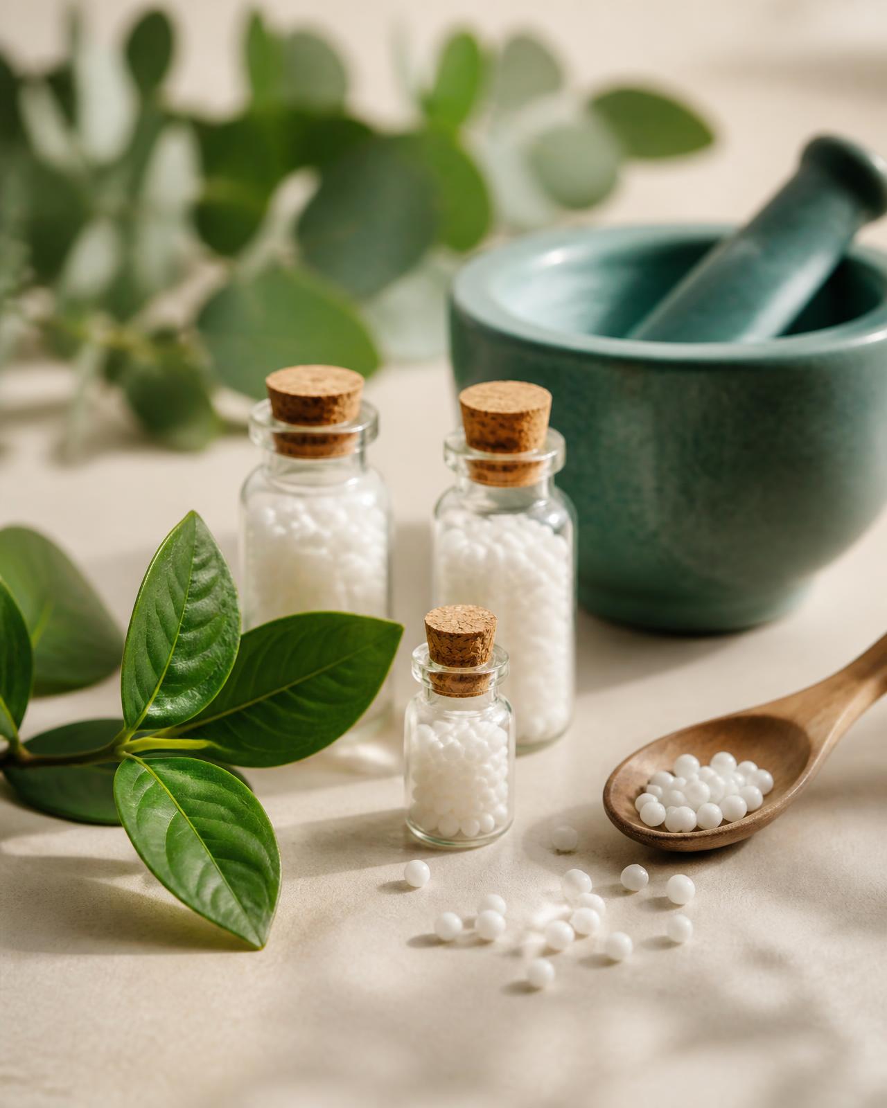 Homeopathic globules, glass vials and fresh leaves on a warm ivory surface